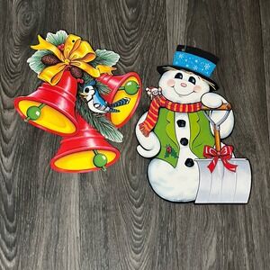 Vintage Beistle 1977 Christmas Die Cut Decoration Snowman & Bells With Blue Bird